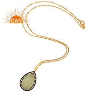 Handmade 925 Silver Long Chain Necklace Supplier CZ Prehnite Chalcedony Gemstone Pendant Jewelry - Product Image 3