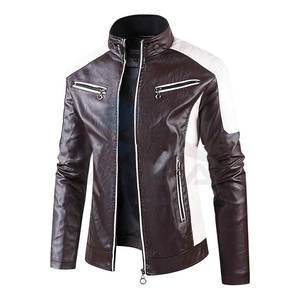 เสื้อแจ็คเก็ตหนังผู้ชายแบบซิปเต็มตัว คอตั้ง ดีไซน์บล็อกสี ทันสมัย เหมาะสำหรับฤดูใบไม้ร่วง สีน้ำตาลและสีขาว - Product Image 1