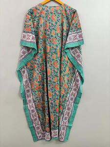 100% algodón Maxi Beach Coverup Top naranja Paisley estampado caftán hasta el suelo ropa de dormir informal cintura Natural bloque estampado elegante - Product Image 5