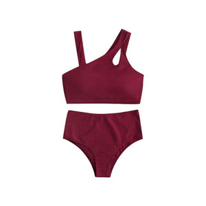 ชุดว่ายน้ำบิกินี่เอวสูงสีทึบ,ชุดว่ายน้ำชายหาดดีไซน์ล่าสุดแบบไหล่ข้างเดียวสองชิ้น - Product Image 4