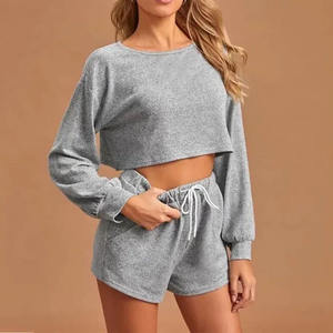 Ensemble short pour femmes Logo personnalisé couleur unie 2 pièces ensemble court été mode porter à manches longues haut court et short pour femmes ensemble court - Product Image 6