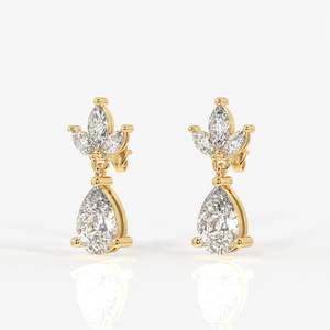 9K Gold Drop <b>Earrings</b> with Pear Cut Lab Grown Diamond Floral Flower Drop Design for Wedding - Product Image 4
