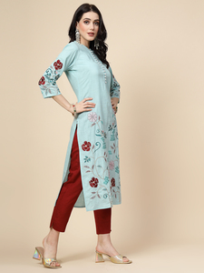 Elegante Kurti de Manga Larga hasta la Rodilla para Mujer, con Bordado Hermoso en Azul y Marrón, 100% Algodón, con Pantalones a Juego, Tendencia de Primavera - Product Image 3