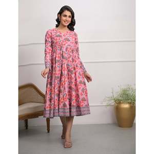 Robe longue rose en coton imprimé Angrakha, taille empire, style bohème décontracté, respirante, longueur ras du sol, pour femme de bureau, taille XL, ODM - Product Image 1