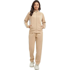 Ensemble assorti pour femmes, veste à fermeture éclair et pantalon à taille élastique, tenue de détente confortable, tissu doux, vêtements décontractés pour la maison - Product Image 1