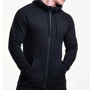 Sweat-shirt à capuche zippé en molleton slim fit pour homme, manches raglan, noir uni, décontracté, pour l'automne - Product Image 4