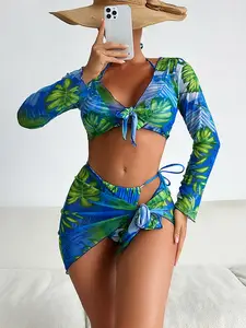 PASUXI модный сексуальный комплект бикини большого размера 3 шт. купальник с цветочным принтом и поясом, купальник с длинным рукавом, пляжная одежда
