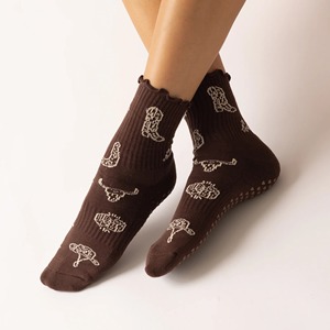 JZVINA Women Pilates Crew Socks Floral Print Ruffle Cuff Anti <b>Slip</b> Silicone Grip Yoga Training Floor Socks Custom Logo - Product Image 4
