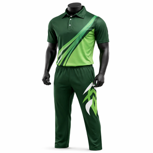 Conjunto de Uniforme de Cricket Unisex Personalizado, Sublimado, Color Verde con Bloques de Color, Manga Corta, Pantalones con Cintura Elástica, Absorbe la Humedad, Deportivo - Product Image 1