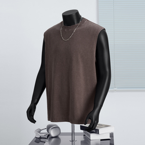 Wash Vintage 100% Chaleco de algodón Logotipo personalizado Oversized Street Color sólido Camiseta de manga suelta para hombres - Product Image 5