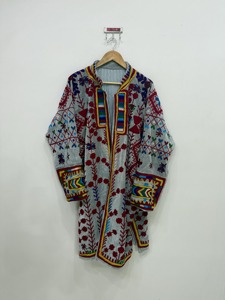 Bohemian Floral Embroidered Cotton <b>Jacket</b> <b>Mandarin</b> <b>Collar</b> Batwing Sleeve Long Loose Vintage Style Spring Wear Unisex - Product Image 1