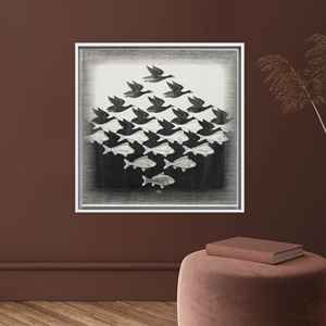 Escher Style Fish and Bird Printed <b>Canvas</b> Wall Art, Modern Abstract Decor,White <b>Framed</b> - Product Image 1