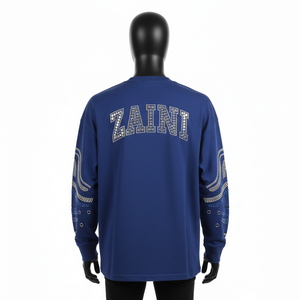 T-shirt à manches longues en coton et polyester de qualité supérieure, toucher doux, couleur bleue, strass thermocollés, logo personnalisé, t-shirt pour homme - Product Image 2