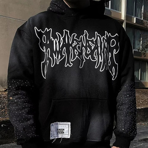 OEM Custom Men's Winter Hoodies Acid Wash Rhinestone Vintage Wash Distressed Polyester/Cotton Fleece Breathable Hoodie Good - Product Image 4