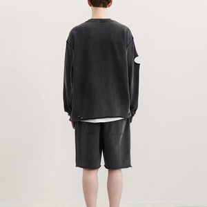 Sudadera desgastada de algodón 100% para hombre, ropa de calle de lavado Vintage rasgada con hombros caídos de gran tamaño, cuello redondo, Terry francés para invierno - Product Image 3