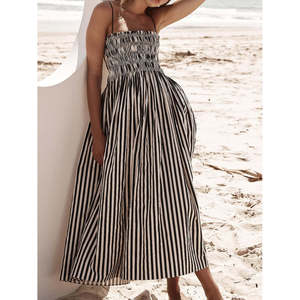 Elegante Abito a Righe con Scollo Quadrato e Spalline Sottili, Vita Elastica Arricciata, Stile Trendy da Festa, Taglia XS, Ideale per il Tempo Libero, la Chiesa o le Uscite Giornaliere - Product Image 4