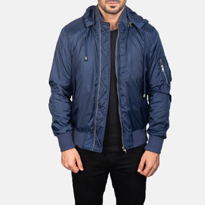 Keven Impex Unisex Navy Blue Hooded Bomber Jacket Full Sleeve Windproof Waterproof Breathable Polyester Winter Streetwear Zipper - Product Image 1