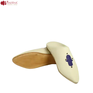 Moroccan Babouches High Quality <b>White</b> Moroccan <b>slippers</b> for Ladies Handmade With Moroccan Genuine Leather With Navy Blue Deco - Product Image 3