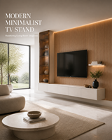 Meuble TV flottant minimaliste moderne KEJIA avec panneau mural rainuré en bois et écran en verre intégré avec éclairage LED