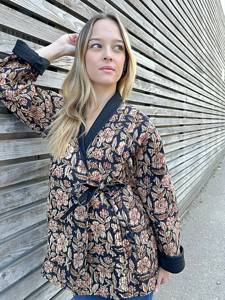 Acolchado Unisex puro algodón Reversible corto Otoño Invierno chaqueta abrigo Boho indio Bagru bloque-Estampado clásico negro Beige chaqueta - Product Image 2