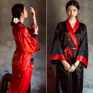 Reversible <b>Black</b> Red <b>Women</b> Satin Kimono Handmade Embroidery Dragon Nightgown <b>Robe</b> Gown Two Side Sleepwear - Product Image 2