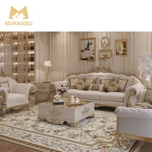 Juegos de sofás seccionales clásicos de diseño real europeo, sala de estar de Turquía, sofás de cuero tallados en madera maciza, muebles antiguos