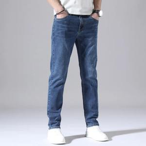 2025 dernière conception Logo personnalisé enduit hommes taille haute léger Style droit Denim pantalon taille élastique grande taille mi 100% coton - Product Image 6
