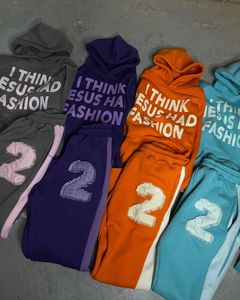 Sudadera con capucha y pantalones de chándal bordados desgastados con parche de Streetwear, conjunto de chándal unisex de gran tamaño - Product Image 1