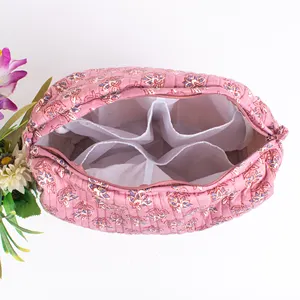 Taffy Color Floral Block stampato in cotone con cerniera borsa cosmetica da viaggio custodia riutilizzabile in spugna trapuntata con nappa all'ingrosso