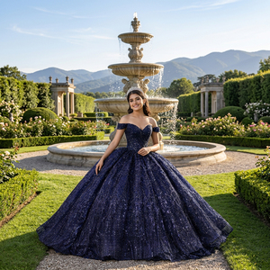 Impresionante Vestido de Quinceañera Azul Marino con Lentejuelas y Falda Abultada para Mujer, Modelo 5675 - Product Image 1