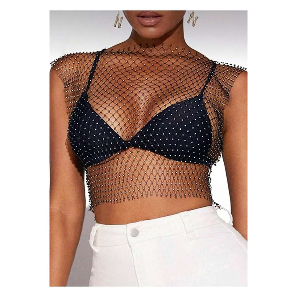 Crystal Stone Mesh Crop Blouse