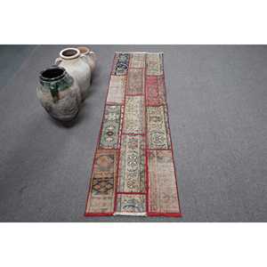 Alfombra Vintage de 1.9x6.7 pies, Alfombra Turca, Alfombra de Lana con Diseño Floral Rojo y Azul - Product Image 1