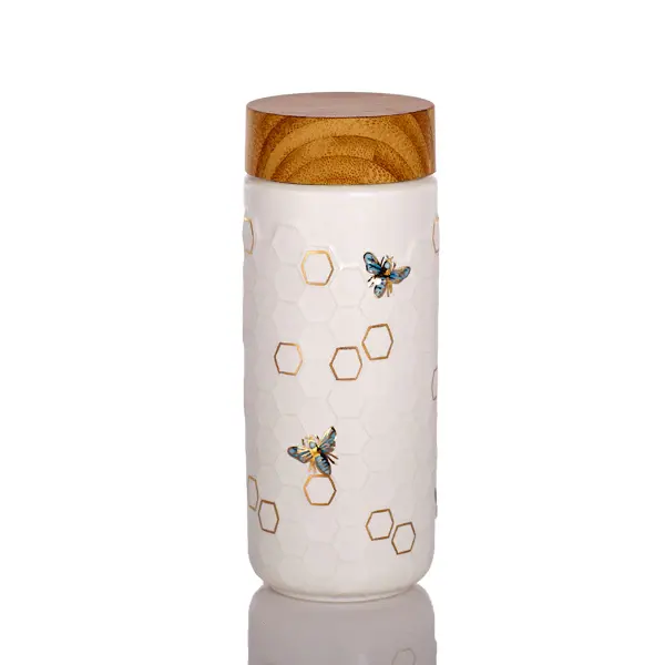 Acera Mug perjalanan keramik lebah madu Liven/emas 12.3 oz dibuat dengan desain minimalis yang indah teknik ukiran yang sangat baik