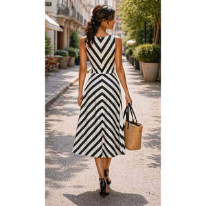 Robe midi Dalgic à rayures, col à revers, sans ceinture, Kadin Askili Kruvaze, 37928 - Noir - Product Image 4