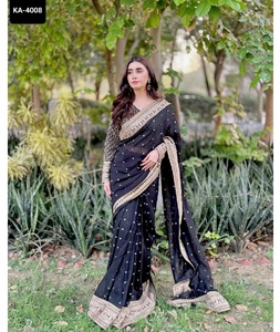 Sari Indio de Seda Negra con Lentejuelas y Bordado de Hilo para Fiestas, Sari Económico con Piezas de Blusa con Trabajo de Lentejuelas - Product Image 1