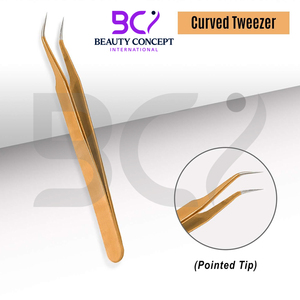Pince à épiler d'extension en acier inoxydable de couleur dorée et de 2 pinces à épiler à pointe incurvée avec propre logo. - Product Image 2