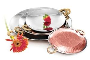 Fournisseur en gros de vaisselle de fête de mariage authentique plateau de service avec poignée en laiton article de vaisselle Tawa en acier et cuivre - Product Image 5