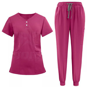 Cómodos juegos de fregado de hospital con tela de sarga duradera Enfermera Trabajo médico Juego de fregado de higo con manga corta Conjunto de fregado de mujer Top - Product Image 4