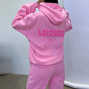 OEM LOGO personalizado Color Rosa 3D Puff estampado ropa de calle de las mujeres para pantalones de chándal Jersey Sudadera con capucha de gran tamaño y Joggers conjunto de las mujeres - Product Image 6