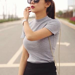 2025 nuevas camisetas para mujer, camiseta de manga corta de Color puro con cuello medio alto para mujer, camiseta para mujer, ropa - Product Image 4