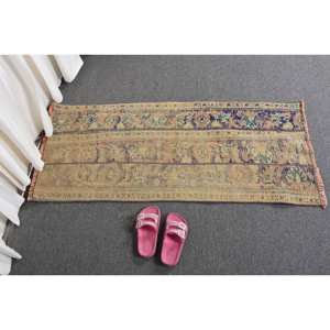 Alfombra turca Beige Vintage de 1,9x4 pies, Alfombra de lana tejida plana con patrón de retazos para decoraciones de sala de estar con respaldo de látex - Product Image 5