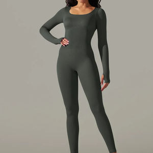 Solid Colored Square Neckline Long Sleeves Fitted Waist <b>Bodysuit</b> Sporty One-piece Flared Pants Spandex/<b>Nylon</b> Jumpsuit For Ladies - Product Image 2