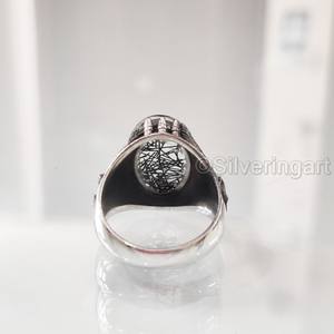 Anillo de Plata de Ley 925 para Hombre al por Mayor con Cuarzo Rutilado Negro Natural, Piedra de Nacimiento, Águila, Joyería Árabe, Regalo de Navidad - Product Image 6