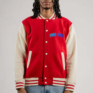 Veste universitaire homme rouge unie en gros, tissu respirant, manches en cuir, coupe ample, col côtelé, veste d'hiver universitaire - Product Image 3