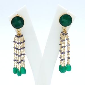 ต่างหูห้อยประดับด้วยหยกเขียวและไอโอไลต์ ชุบทอง 18K ทำด้วยมือจากทองเหลือง |   เครื่องประดับงานแต่งงานผู้หญิงหลากสีสันทันสมัย |   จาปุร - Product Image 3