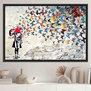 Lienzo Impreso: Niña con Mariposas de Banksy en Estilo Vitral, Lienzo con Marco Negro - Product Image 1