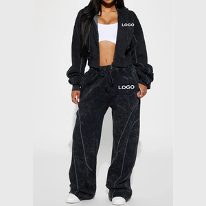 Active Wear High Quality Custom Lightweight Acid Wash Baggy <b>Zip</b> up Hoodie <b>Trousers</b> Running Tracksuits 2 Piece Set For Ladies - Product Image 6