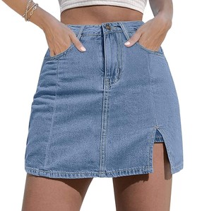 Best Selling Wholesale OEM 100% Cotton Denim Skirt Fashion Button Irregular Slit Skirts High Waist Mid-Length Sexy Denim Skirt - Product Image 6