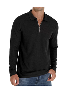 เสื้อยืดโปโลมีซิปสำหรับผู้ชายเสื้อถักวาฟเฟิลแขนยาวโลโก้ขนาดกำหนดสีได้เองจากโรงงาน - Product Image 2