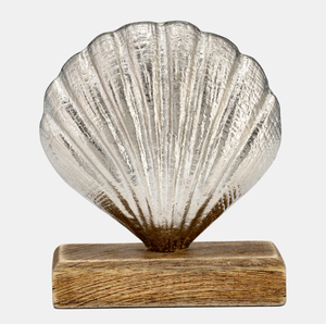 Sculpture moderne en coquillage argenté sur socle en bois Accent de table décoratif pour la maison, le bureau et le salon. - Product Image 1